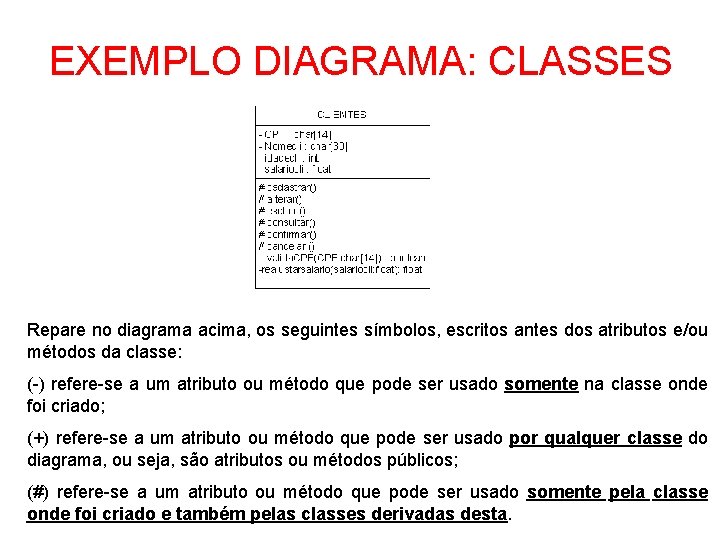 EXEMPLO DIAGRAMA: CLASSES Repare no diagrama acima, os seguintes símbolos, escritos antes dos atributos