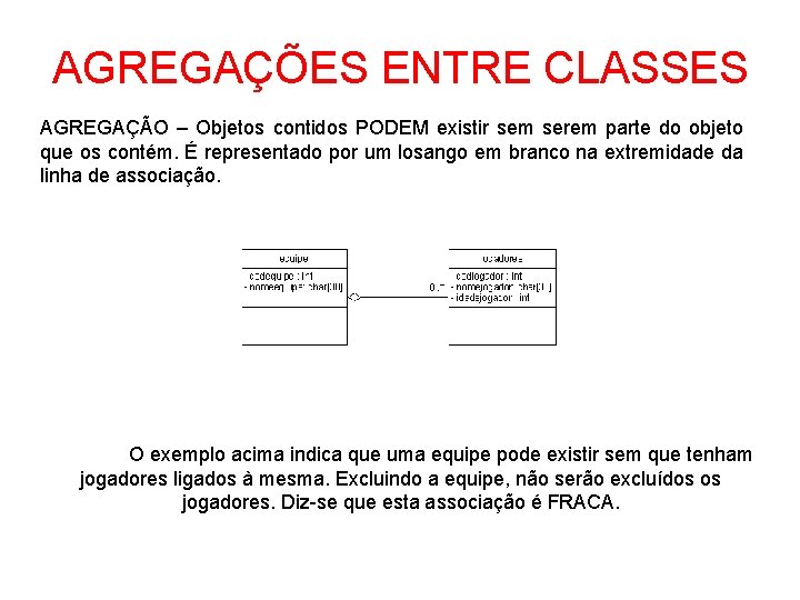 AGREGAÇÕES ENTRE CLASSES AGREGAÇÃO – Objetos contidos PODEM existir sem serem parte do objeto