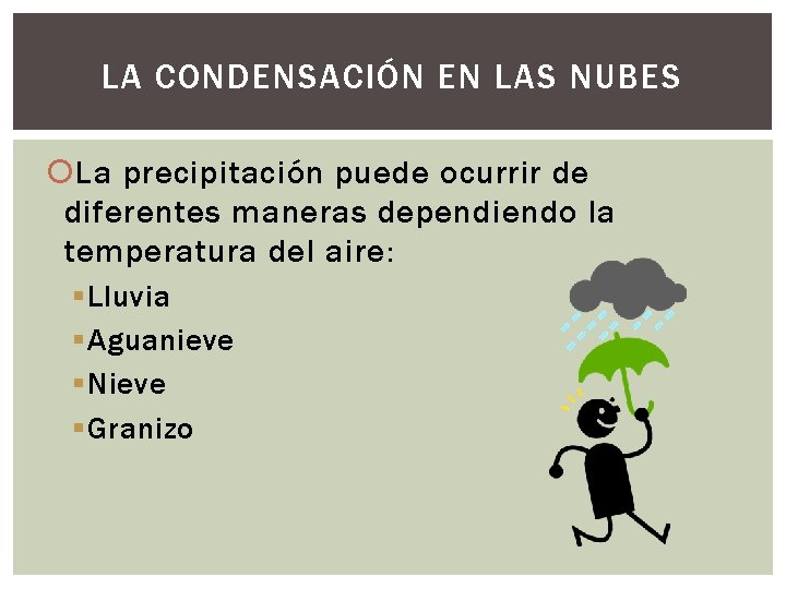 LA CONDENSACIÓN EN LAS NUBES La precipitación puede ocurrir de diferentes maneras dependiendo la