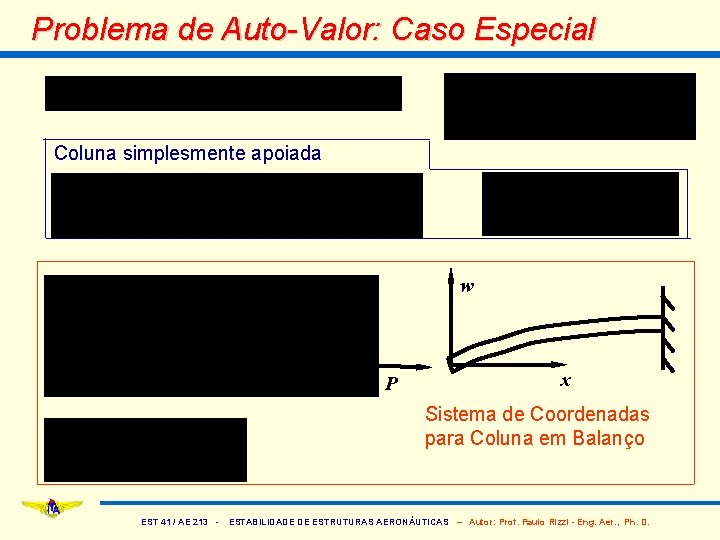 Problema de Auto-Valor: Caso Especial Coluna simplesmente apoiada w P x Sistema de Coordenadas