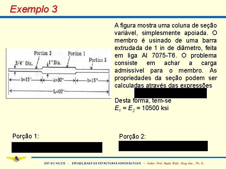 Exemplo 3 A figura mostra uma coluna de seção variável, simplesmente apoiada. O membro