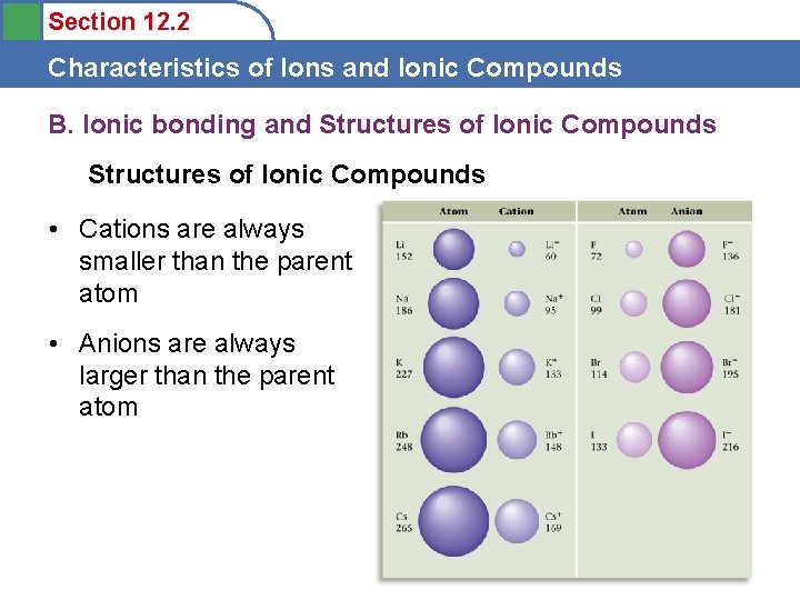 Section 12. 2 Characteristics of Ions and Ionic Compounds B. Ionic bonding and Structures