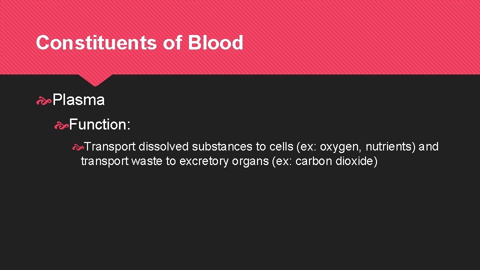 Constituents of Blood Plasma Function: Transport dissolved substances to cells (ex: oxygen, nutrients) and