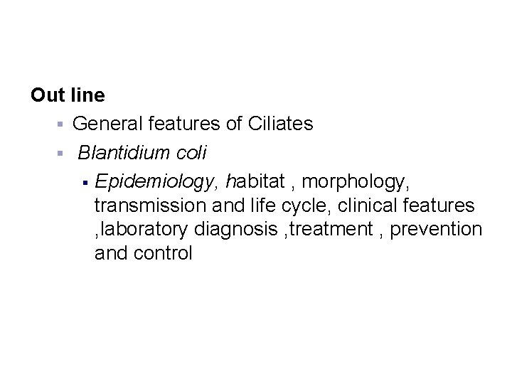 Out line § General features of Ciliates § Blantidium coli § Epidemiology, habitat ,