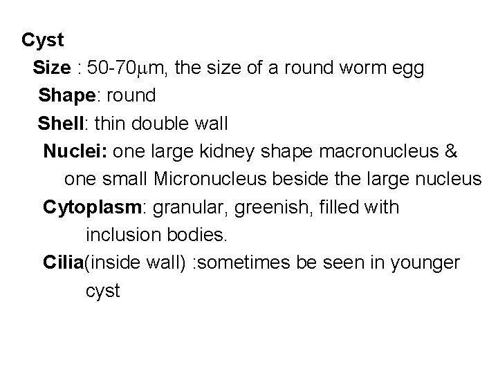 Cyst Size : 50 -70 m, the size of a round worm egg Shape: