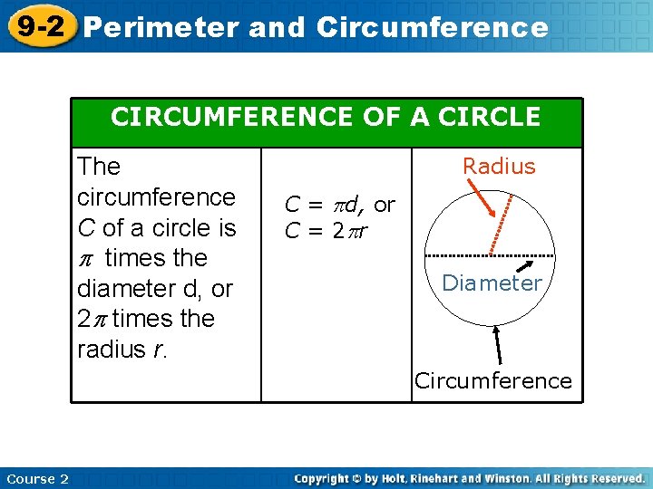 9 -2 Perimeter and Circumference CIRCUMFERENCE OF A CIRCLE The circumference C of a