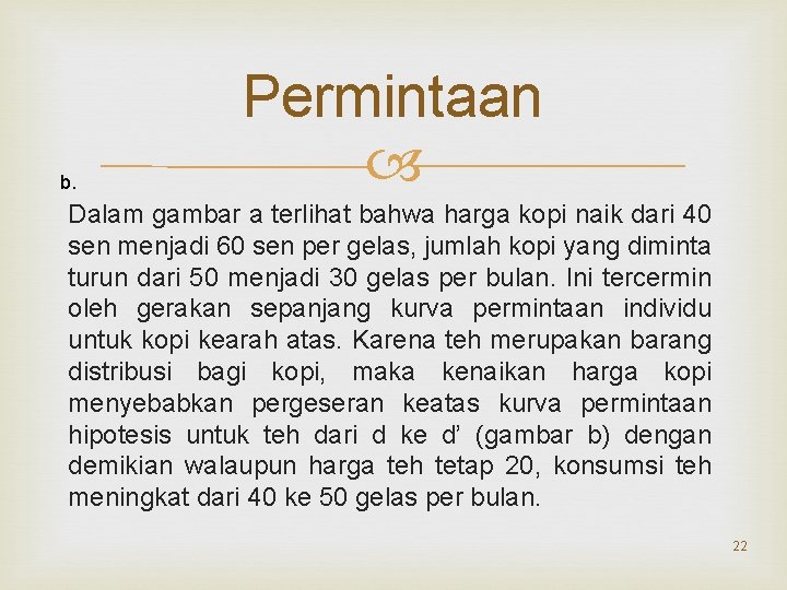 b. Permintaan Dalam gambar a terlihat bahwa harga kopi naik dari 40 sen menjadi