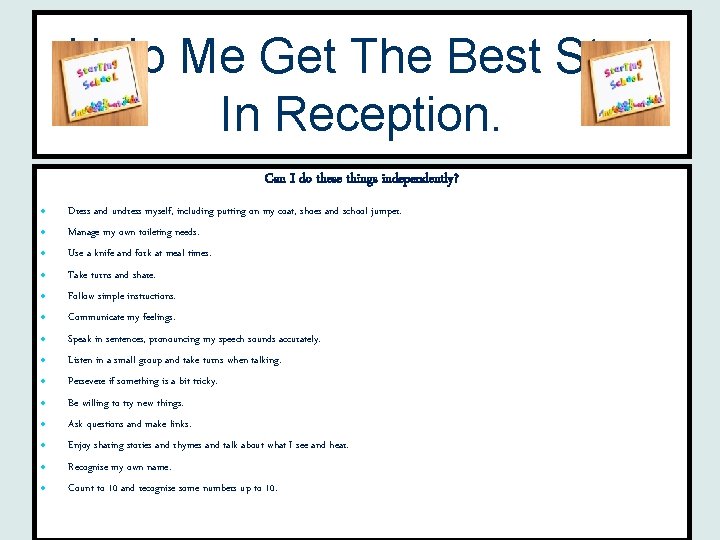 Help Me Get The Best Start In Reception. Can I do these things independently?