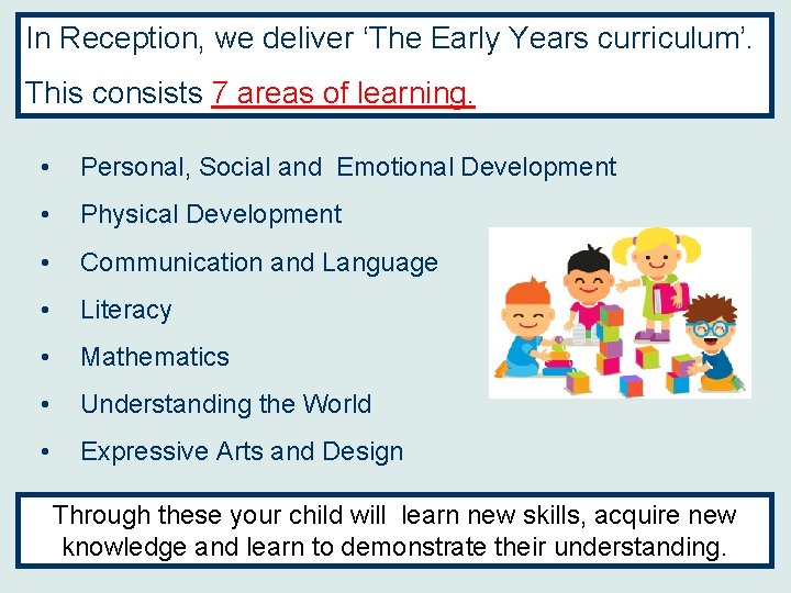 In Reception, we deliver ‘The Early Years curriculum’. This consists 7 areas of learning.