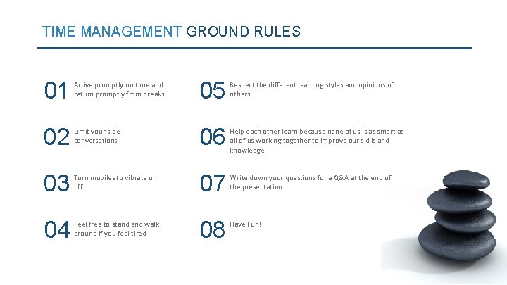 TIME MANAGEMENT GROUND RULES 01 Arrive promptly on time and return promptly from breaks
