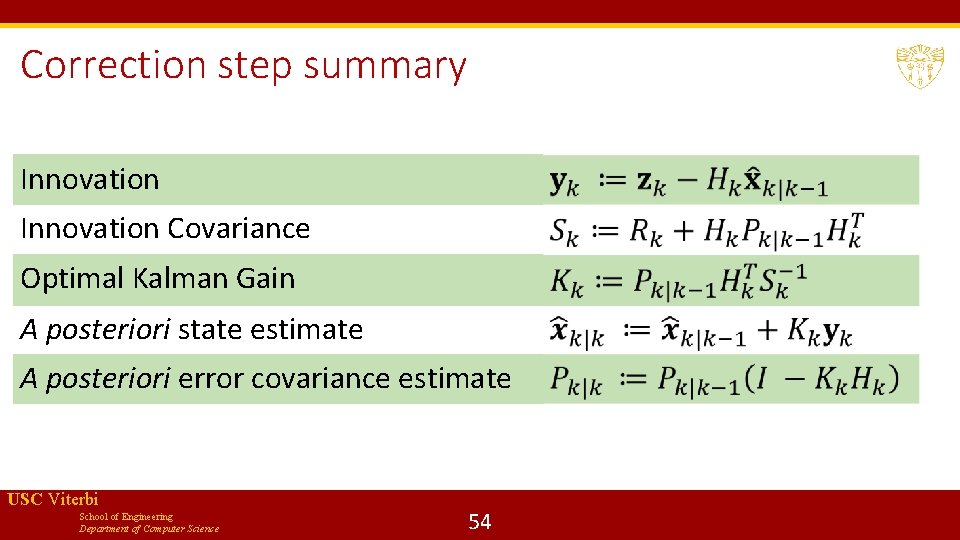 Correction step summary Innovation Covariance Optimal Kalman Gain A posteriori state estimate A posteriori