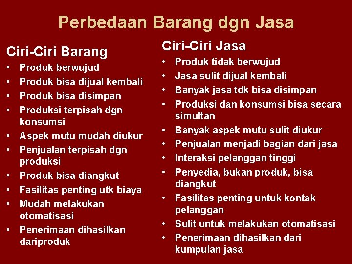 Perbedaan Barang dgn Jasa Ciri-Ciri Barang • • • Produk berwujud Produk bisa dijual