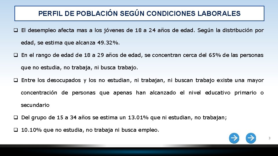 PERFIL DE POBLACIÓN SEGÚN CONDICIONES LABORALES q El desempleo afecta mas a los jóvenes