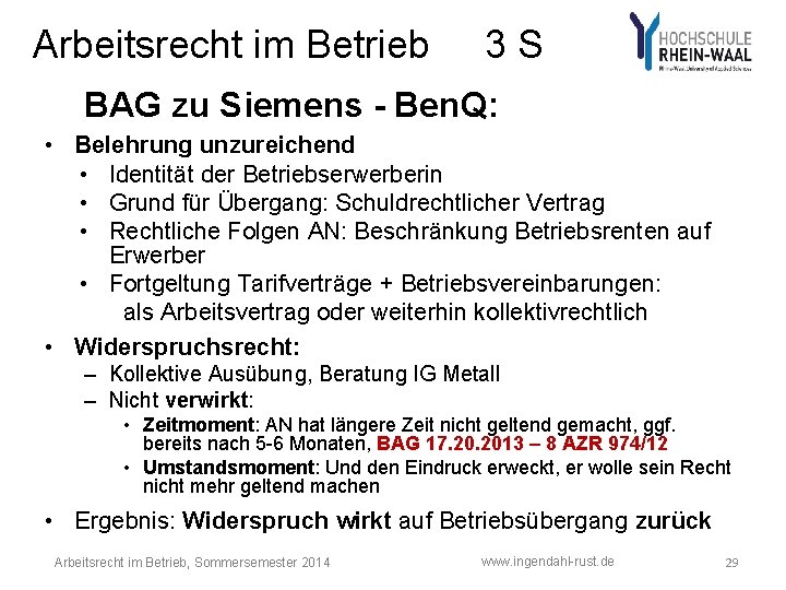 Arbeitsrecht im Betrieb 3 S BAG zu Siemens - Ben. Q: • Belehrung unzureichend