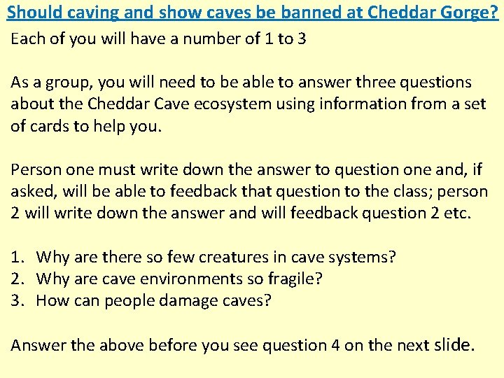 Should caving and show caves be banned at Cheddar Gorge? Each of you will