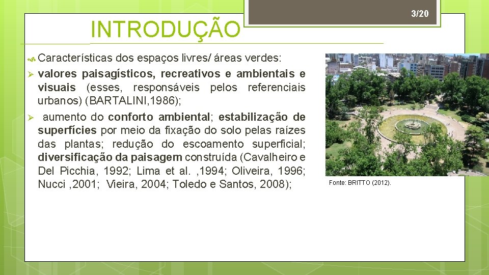 3/20 INTRODUÇÃO Características Ø Ø dos espaços livres/ áreas verdes: valores paisagísticos, recreativos e