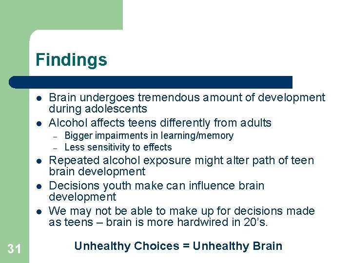 Findings l l Brain undergoes tremendous amount of development during adolescents Alcohol affects teens