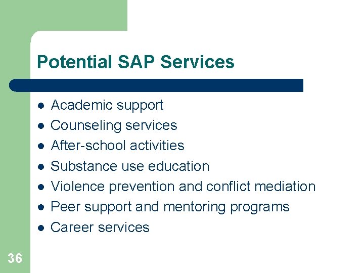 Potential SAP Services l l l l 36 Academic support Counseling services After-school activities