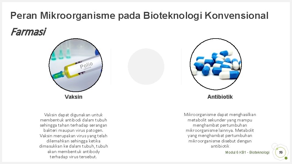 Peran Mikroorganisme pada Bioteknologi Konvensional Farmasi Vaksin Antibiotik Vaksin dapat digunakan untuk membentuk antibodi