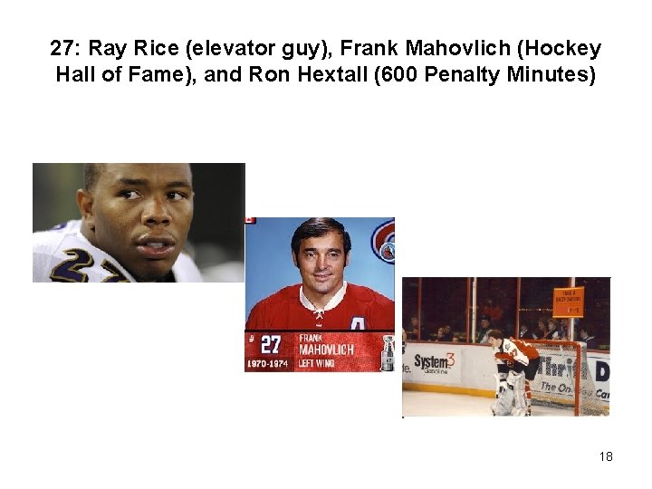 27: Ray Rice (elevator guy), Frank Mahovlich (Hockey Hall of Fame), and Ron Hextall