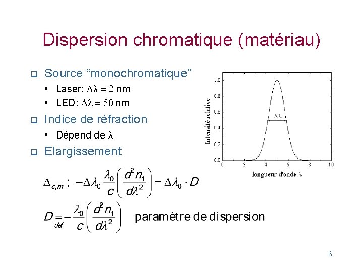 Dispersion chromatique (matériau) q Source “monochromatique” • Laser: Dl = 2 nm • LED: