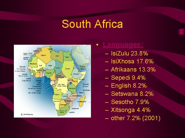 South Africa • Languages: – – – – – Isi. Zulu 23. 8% Isi.