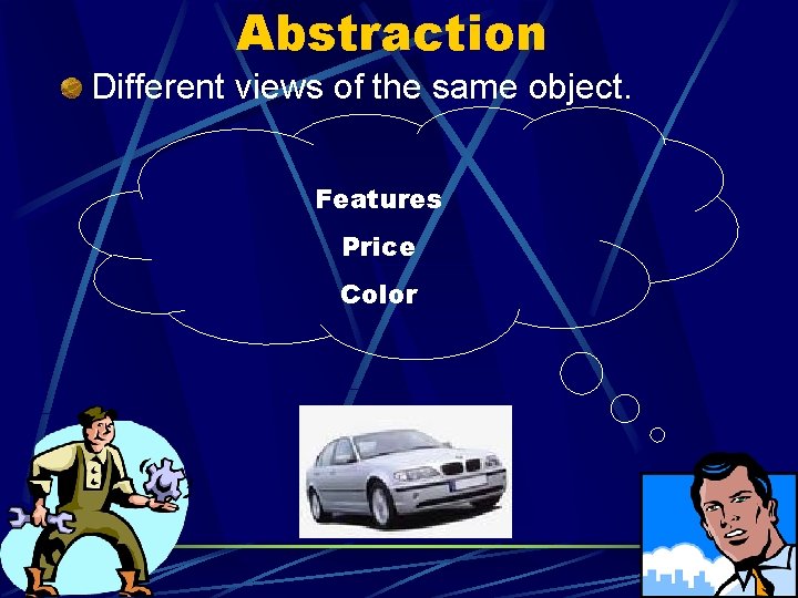 Abstraction Different views of the same object. Features Price Color 