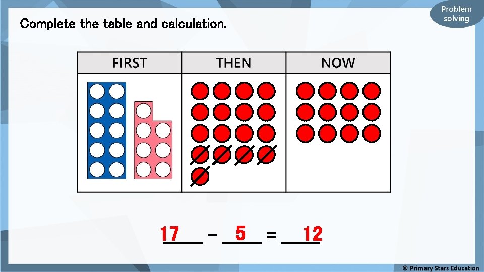 Complete the table and calculation. 5 = _______ 17 12 _______ - _______ 