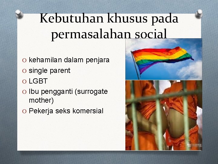 Kebutuhan khusus pada permasalahan social O kehamilan dalam penjara O single parent O LGBT