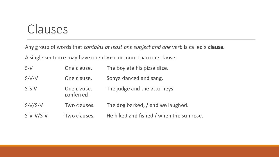 Clauses Any group of words that contains at least one subject and one verb