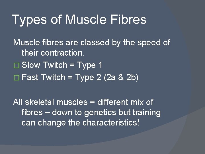 Types of Muscle Fibres Muscle fibres are classed by the speed of their contraction.