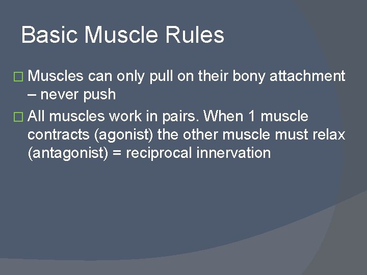 Basic Muscle Rules � Muscles can only pull on their bony attachment – never