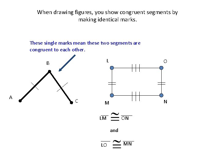 When drawing figures, you show congruent segments by making identical marks. These single marks