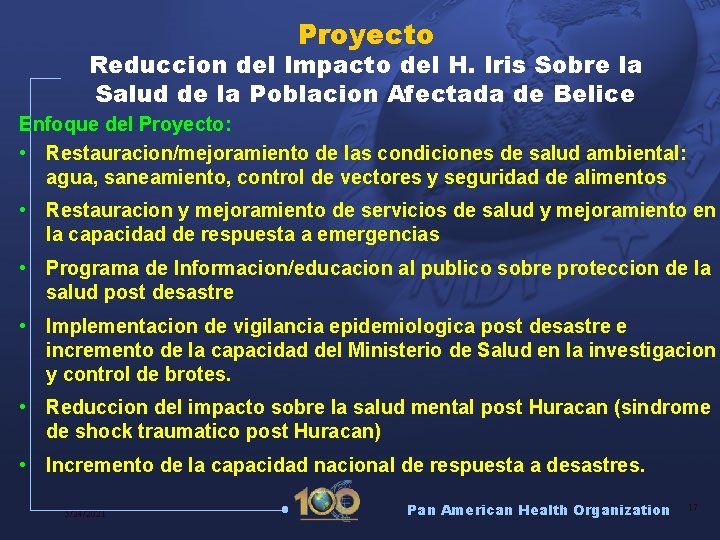 Proyecto Reduccion del Impacto del H. Iris Sobre la Salud de la Poblacion Afectada