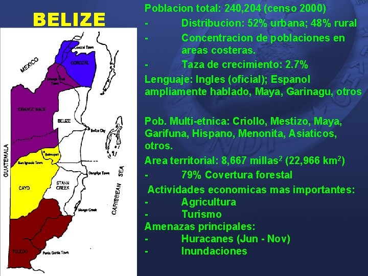 BELIZE Poblacion total: 240, 204 (censo 2000) Distribucion: 52% urbana; 48% rural Concentracion de