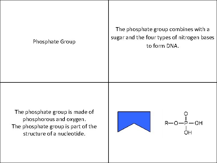 Phosphate Group The phosphate group is made of phosphorous and oxygen. The phosphate group