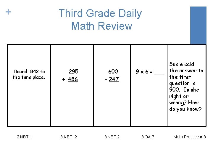 + Third Grade Daily Math Review Round 842 to the tens place. 3. NBT.