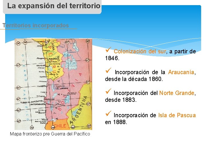 La expansión del territorio Territorios incorporados ü Colonización del sur, a partir de 1846.