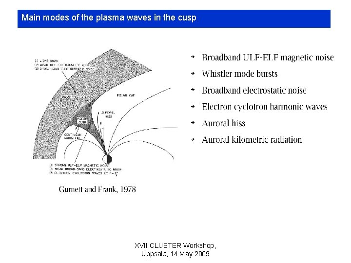 Main modes of the plasma waves in the cusp XVII CLUSTER Workshop, Uppsala, 14