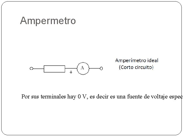 Ampermetro Por sus terminales hay 0 V, es decir es una fuente de voltaje
