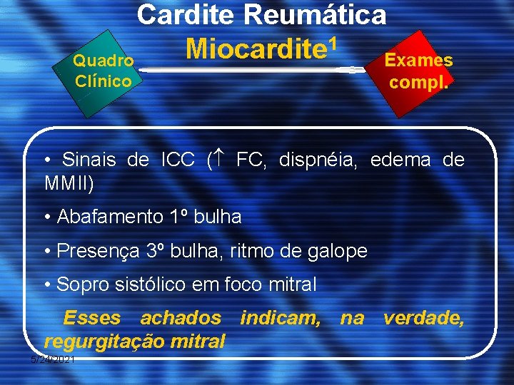 Cardite Reumática 1 Miocardite Quadro Exames Clínico compl. • Sinais de ICC ( FC,