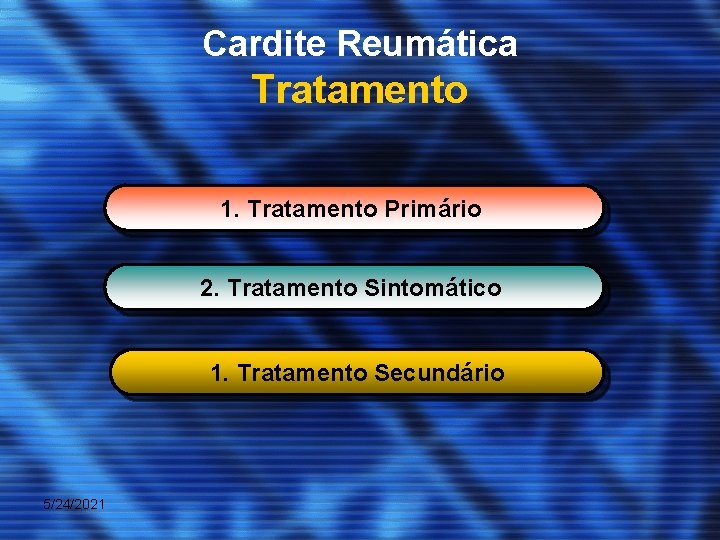 Cardite Reumática Tratamento 1. Tratamento Primário 2. Tratamento Sintomático 1. Tratamento Secundário 5/24/2021 