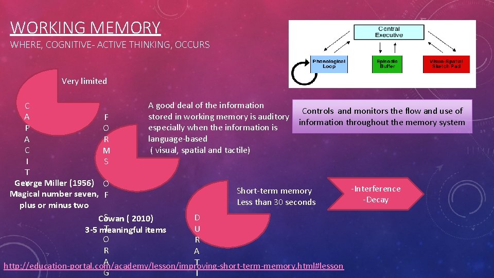 WORKING MEMORY WHERE, COGNITIVE- ACTIVE THINKING, OCCURS Very limited A good deal of the