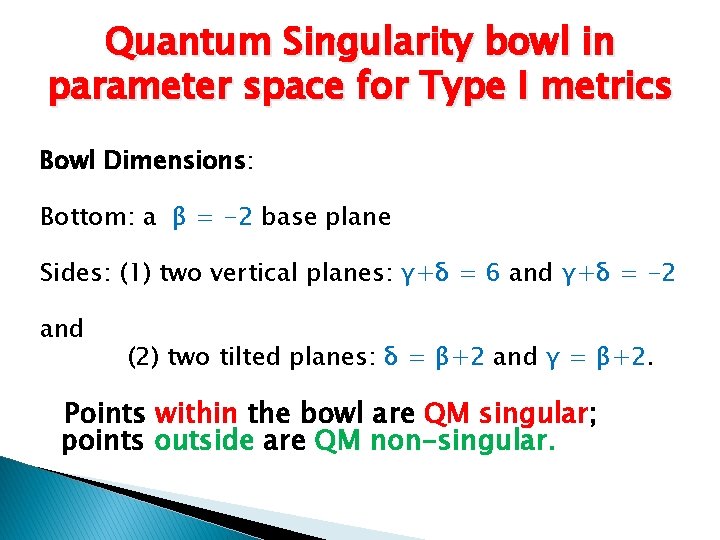 Quantum Singularity bowl in parameter space for Type I metrics Bowl Dimensions: Bottom: a