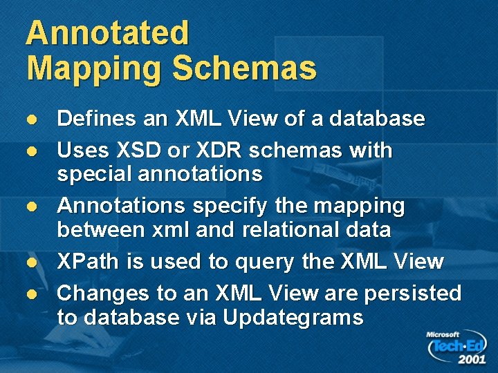 Annotated Mapping Schemas l l l Defines an XML View of a database Uses Annotated Mapping Schemas l l l Defines an XML View of a database Uses