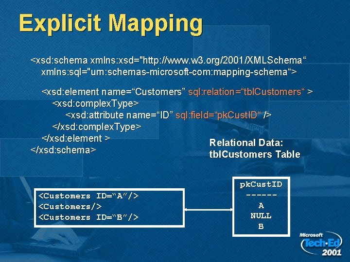 Explicit Mapping <xsd: schema xmlns: xsd="http: //www. w 3. org/2001/XMLSchema“ xmlns: sql="urn: schemas-microsoft-com: mapping-schema“> Explicit Mapping <xsd: schema xmlns: xsd="http: //www. w 3. org/2001/XMLSchema“ xmlns: sql="urn: schemas-microsoft-com: mapping-schema“>