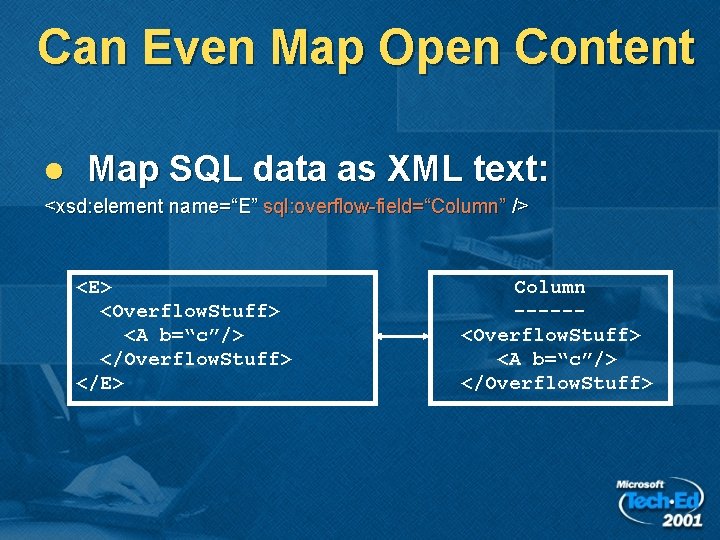 Can Even Map Open Content l Map SQL data as XML text: <xsd: element Can Even Map Open Content l Map SQL data as XML text: <xsd: element