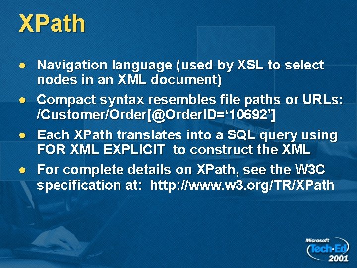 XPath l l Navigation language (used by XSL to select nodes in an XML XPath l l Navigation language (used by XSL to select nodes in an XML