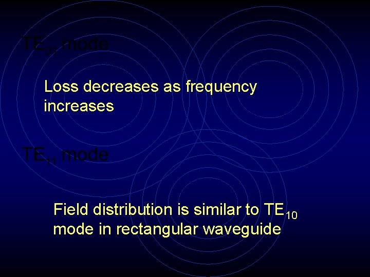 Loss decreases as frequency increases Field distribution is similar to TE 10 mode in