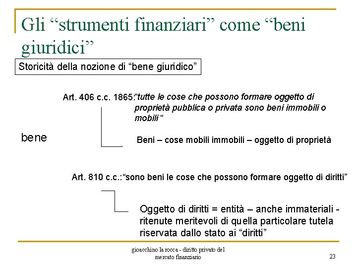 Gli “strumenti finanziari” come “beni giuridici” Storicità della nozione di “bene giuridico” Art. 406